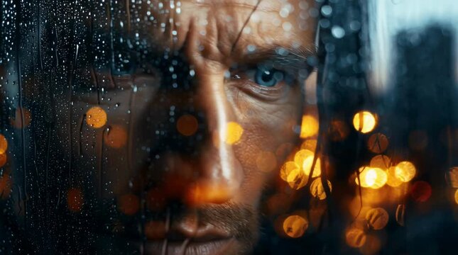 Cinematic literary fiction book cover. A moody, rain-streaked window reflects the partial, melancholic face of a man looking out at blurred urban city lights at dusk. Deep midnight blue and warm muted