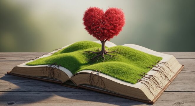 Open vintage book with vibrant green moss hills and a small red heart-shaped tree growing from its pages on a rustic wooden surface, symbolizing love and knowledge.
