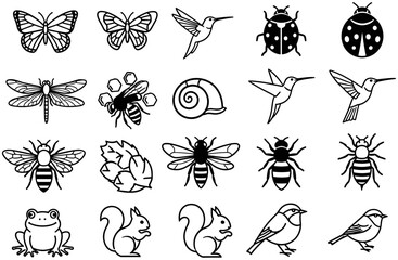 Set of black and white line art icons featuring garden insects birds and small animals including butterflies ladybugs hummingbirds bees squirrels and frogs (21 words) © MSTShahanaz
