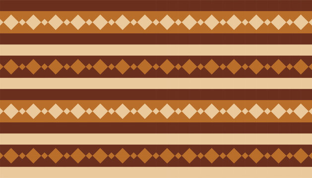 Seamless geometric pattern with horizontal stripes and diamond-chain motifs in brown, gold, and cream. Abstract vector background featuring a rhythmic linear tessellation
