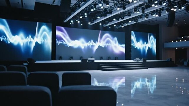 Empty conference hall with LED screens glowing