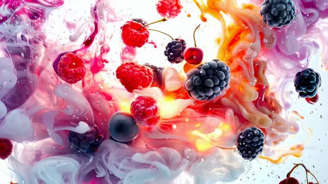 Colorful berry milk pattern. Brightly colored berries drifting in luscious milk design. Vibrant assortment of berries immersed in smooth pastelcolored milk with swirling motion