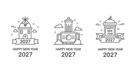 Happy New Year 2027: Festive Line Art Icons of Buildings and Technology