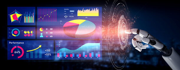 Obraz premium A high-tech scene showcasing a robotic hand interacting with a digital dashboard filled with data visualizations, charts, and performance metrics. Impute