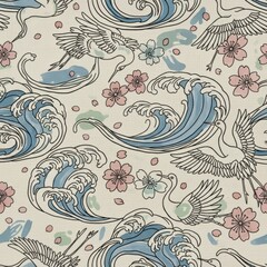 Fototapeta premium Japanese Seamless Pattern With Cranes And Waves
