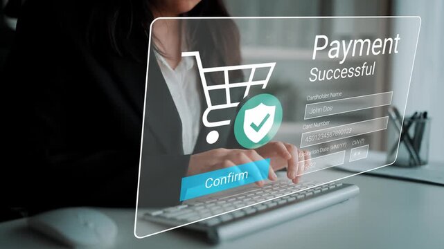 Secure Online Transaction with Payment Confirmation on Computer Screen and Shopping Cart Icon for E-commerce Business and Digital Payment Solutions Gluon.
