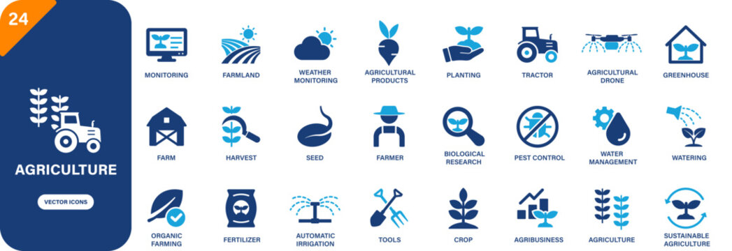 Agriculture icon collection featuring tractor, harvest, farmer, field, irrigation, and crop symbols. Solid vector icon set.