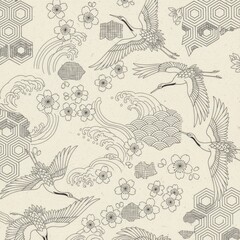Obraz premium Japanese Seamless Pattern With Cranes And Waves