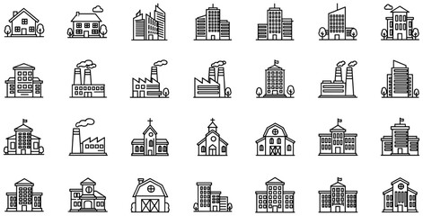 Title: Large collection of minimalist line art building icons including houses skyscrapers factories barns schools and churches for urban planning and architectural design (22 words) © MSTShahanaz