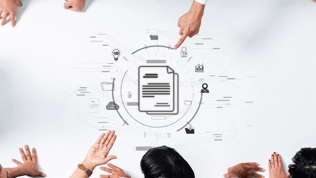 A top-down view of hands pointing at a central document on a table, illustrating teamwork and strategic planning with various data visuals in a professional setting. Raster