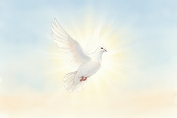 Fototapeta premium Graceful white dove in flight against ethereal sky with radiant light
