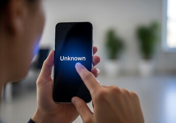 Person Touching Smartphone Screen with Unknown Caller Notification