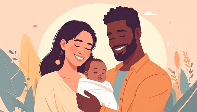 Loving parents holding their newborn baby, heartwarming family portrait celebrating parenthood and togetherness.