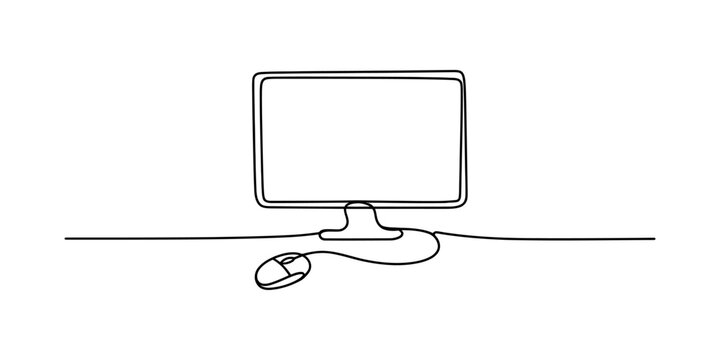 Continuous line drawing of a computer monitor and mouse on a white background. Vector, illustration