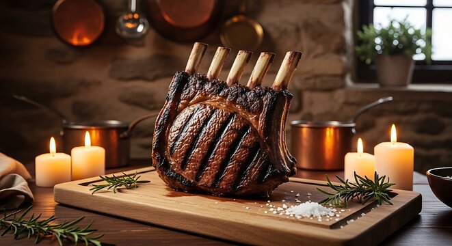 Rustic Glazed Tomahawk Rack of Lamb on Cutting Board by Candlelight