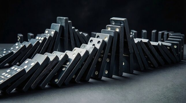 Black dominoes falling in a chain reaction on dark surface