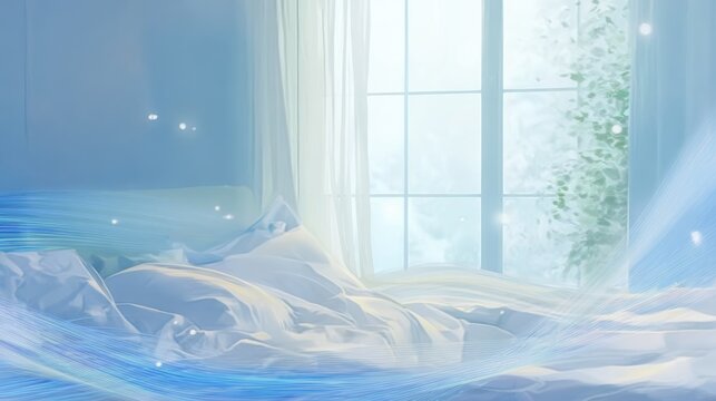Clean air background with blue waves, perfect for wellness campaigns, social media posts, artistic compositions, and promotional materials. The white bedroom setting creates a serene and healthy atmos