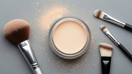 Powder foundation in an open container, with scattered loose powder and four makeup brushes on gray