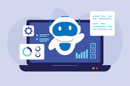 AI Chatbot Assistant for Data Analytics on Laptop | Artificial Intelligence and Business Automation 2d flat vector illustration