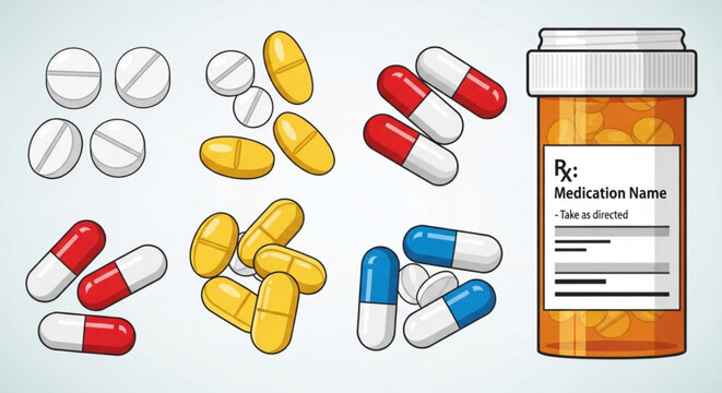 A vector graphic illustration of various pills and a medication bottle