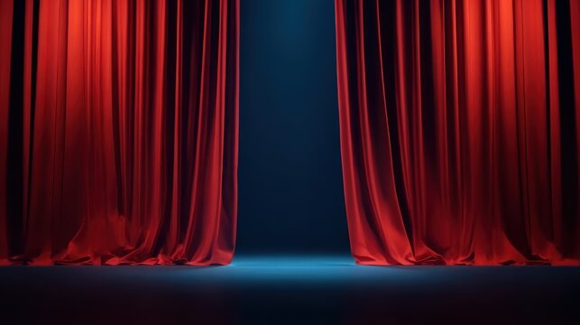Red curtain opening to a stage, perfect for performance promotions, social media posts, artistic compositions, and decorative purposes. The dramatic scene creates an engaging and classic atmosphere.