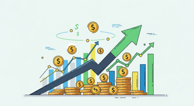 A colorful vector graphic illustration of a growing business chart with coins and arrows