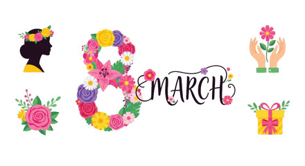 Fototapeta premium 8 March International Women’s Day Floral Number Eight and Celebration Icons Set