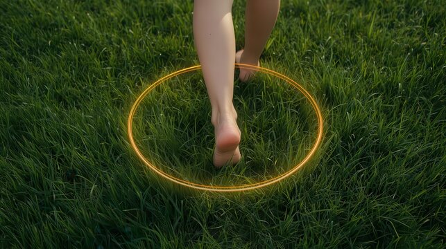 Walking barefoot in a circular pattern on lush grass nature setting vibrant and peaceful viewpoint