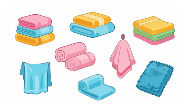 Cute towel and cloth collection with rolled folded and hanging fabric towels vector set
