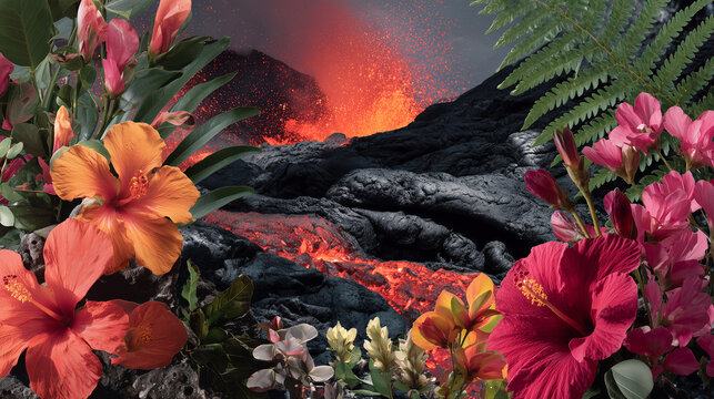  the kilauea volcano, black sand beaches, hardened lava flows, red lava, and hawaiian plants. flowers such as plumeria, hibiscus, and ferns are throughout