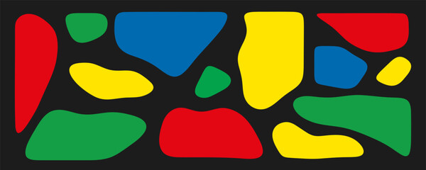 Abstract colorful organic shapes in red green and yellow scattered on black background. Bold composition with fluid forms and strong contrast.