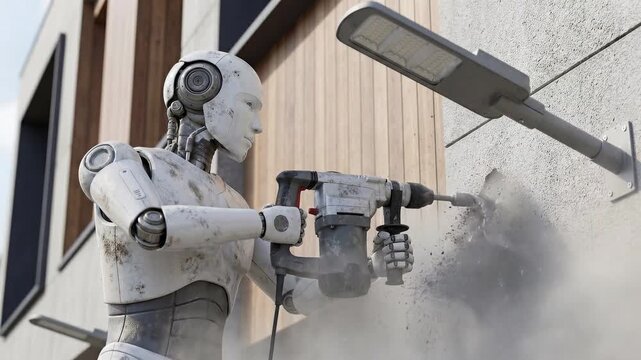 Robot using hammer drill on concrete wall. Humanoid machine breaking surface in urban setting. Construction demolition sequence with dust and debris flying from impact.