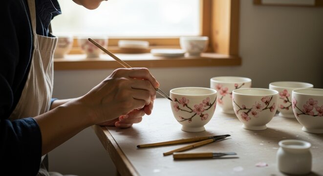 陶芸家が工房で桜の繊細なピンク色の花びらを手描きで白い陶器の湯呑みに絵付けしているクローズアップ。伝統工芸の作業風景。