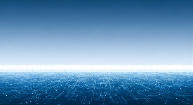 A vast digital circuit board pattern spreads across a futuristic blue horizon.