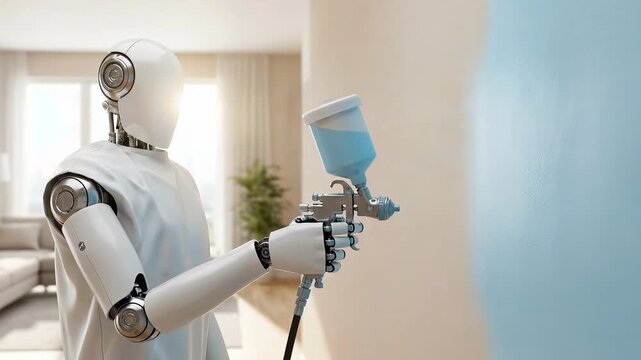 Robot using paint sprayer to transform white wall blue in living room. Automated interior painting sequence from start to finish showing home renovation with technology.