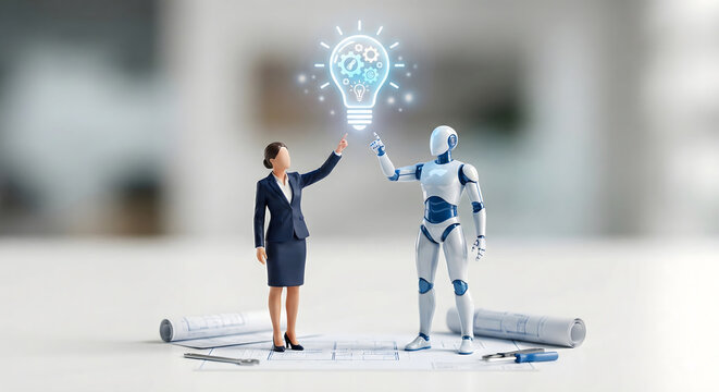 AIとビジネスパーソンの共同作業 アイデアの閃きと創造のイメージ