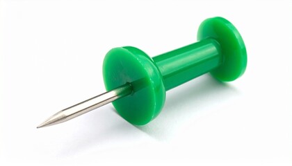 Single green push pin with cylindrical head and sharp metal point on plain white surface