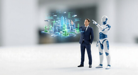 AIと共に未来都市のスマートシティ構想を練るビジネスマン
