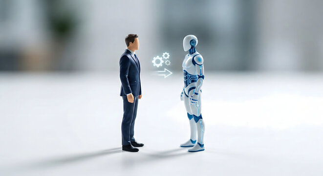 ビジネスマンとAIロボットの対話 知識共有とデータ転送のイメージ
