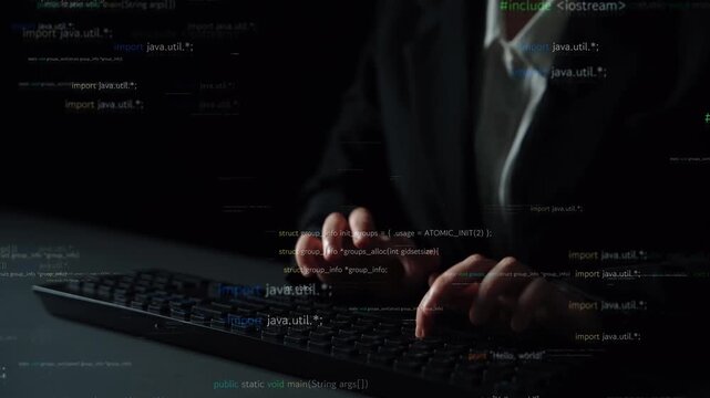 A focused programmer types code on a keyboard in a dark room, surrounded by streams of digital text and symbols, symbolizing technology and innovation in software development. Xenic