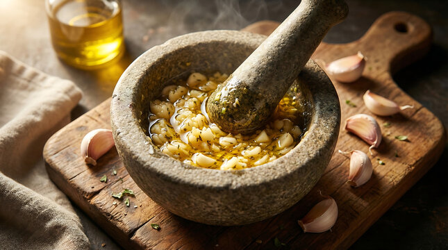 Fresh garlic being crushed into a flavorful paste with herbs and oil in a stone mortar and pestle on a wooden board