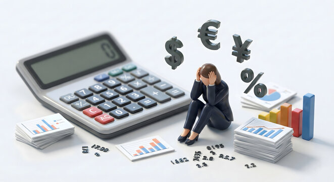 資金繰りや計算に頭を抱えるビジネスパーソン 倒産・赤字の不安