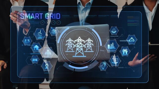 Business professionals engage in discussion about smart grid technology, featuring a digital interface that highlights key aspects of energy management and analytics. Raster