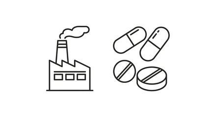 Fototapeta premium Factory and pharmaceutical pills line art minimalist design silhouette