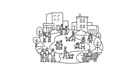 Fototapeta premium City park scene with people and buildings a black silhouette