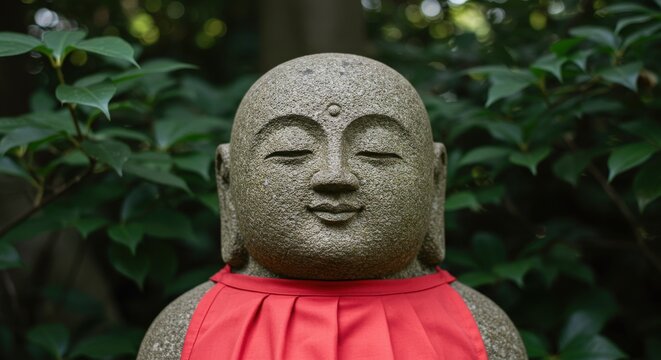 深緑の葉を背景に、赤いよだれかけをつけた石造りの地蔵菩薩像が穏やかな表情で佇む、日本の伝統的な風景を捉えた写真。