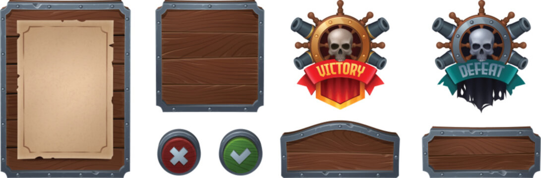 Pirate adventure game ui elements on white background isolated vector