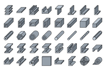Isometric Filled Outline Steel Beam and Metal Profile Set Industrial Construction Elements