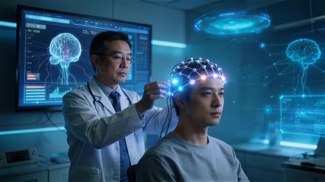 Brainwave Monitoring Session: A doctor meticulously adjusts an electroencephalogram (EEG) cap on a patient, signifying a pivotal moment in the investigation of mind.