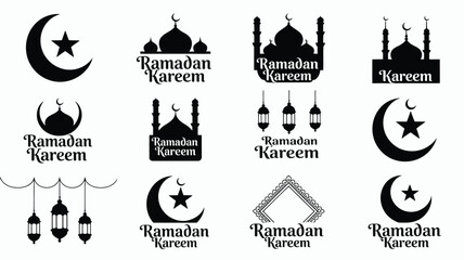 Ramadan kareem islamic symbols and icons grid layout with crescent moons stars mosques lanterns on white background for greeting cards and celebrations © Shovon